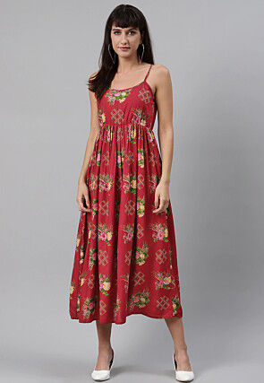 Digital Printed Rayon Midi Dress in Red
