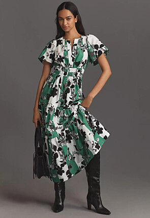 Digital Printed Rayon Midi Dress in White and Teal Green