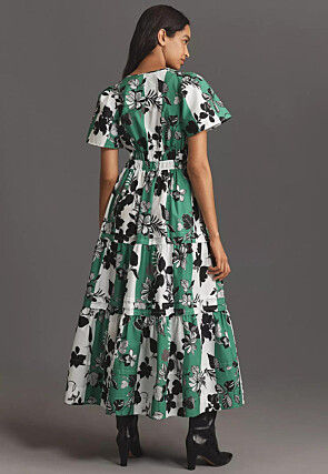 Digital Printed Rayon Midi Dress in White and Teal Green