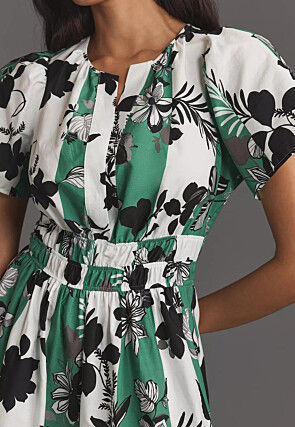 Digital Printed Rayon Midi Dress in White and Teal Green