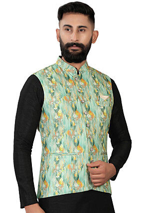 Digital Printed Rayon Nehru Jacket in Light Green