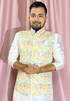 Digital Printed Rayon Nehru Jacket in Multicolor
