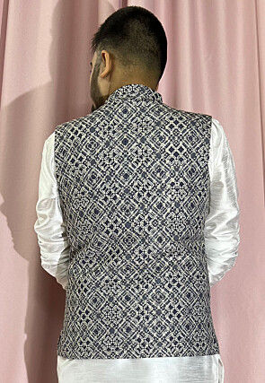 Digital Printed Rayon Nehru Jacket in Navy Blue