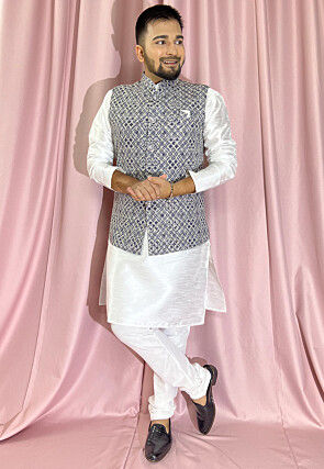 Digital Printed Rayon Nehru Jacket in Navy Blue