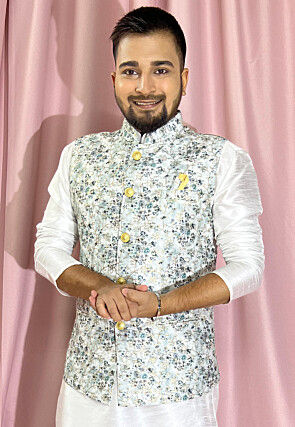 Digital Printed Rayon Nehru Jacket in Off White