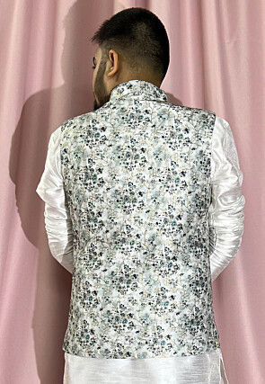 Digital Printed Rayon Nehru Jacket in Off White