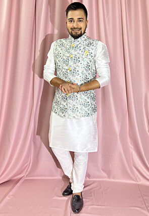 Digital Printed Rayon Nehru Jacket in Off White