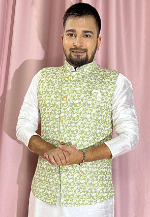 Digital Printed Rayon Nehru Jacket in Pastel Green