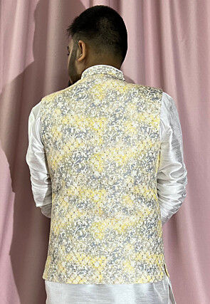 Digital Printed Rayon Nehru Jacket in Yellow and Grey
