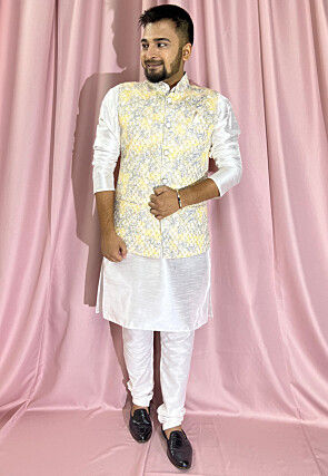 Digital Printed Rayon Nehru Jacket in Yellow and Grey