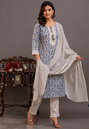 Digital Printed Rayon Pakistani Suit in Blue