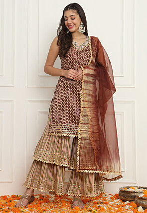 Digital Printed Rayon Pakistani Suit in Brown