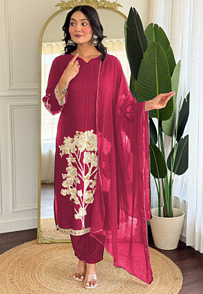 Digital Printed Rayon Pakistani Suit in Fuchsia