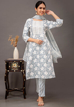 Digital Printed Rayon Pakistani Suit in Grey