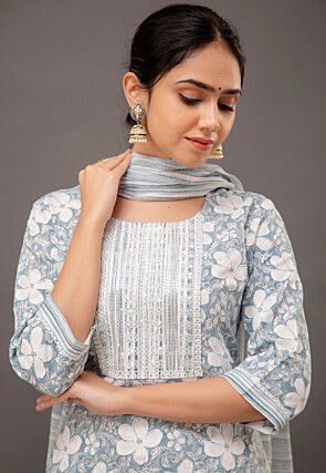 Digital Printed Rayon Pakistani Suit in Grey