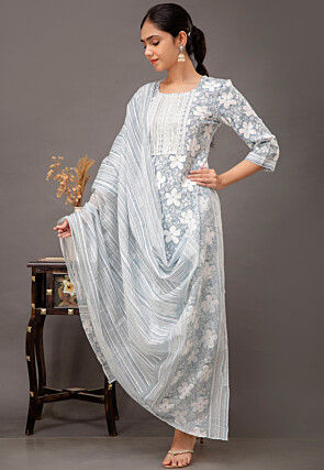 Digital Printed Rayon Pakistani Suit in Grey