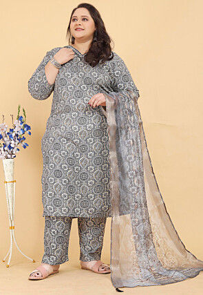 Digital Printed Rayon Pakistani Suit in Grey