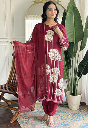 Digital Printed Rayon Pakistani Suit in Maroon