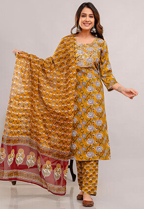Digital Printed Rayon Pakistani Suit in Mustard