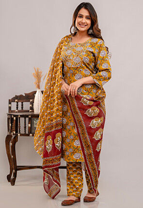 Digital Printed Rayon Pakistani Suit in Mustard