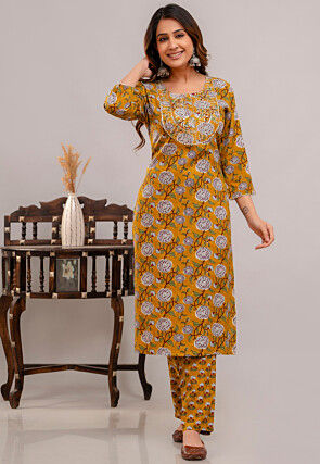 Digital Printed Rayon Pakistani Suit in Mustard