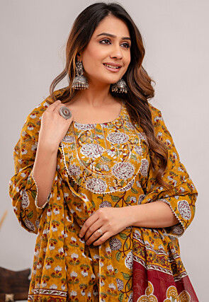 Digital Printed Rayon Pakistani Suit in Mustard