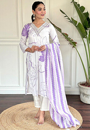 Digital Printed Rayon Pakistani Suit in Off White