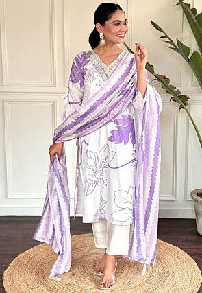 Digital Printed Rayon Pakistani Suit in Off White