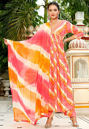 Digital Printed Rayon Pakistani Suit in Orange, Pink and Off white