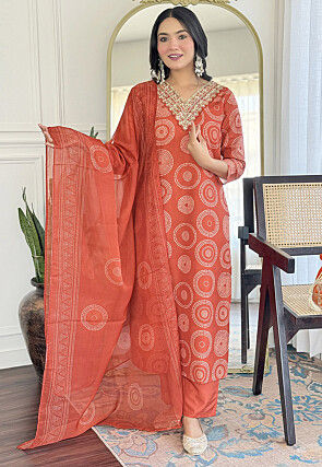 Digital Printed Rayon Pakistani Suit in Orange