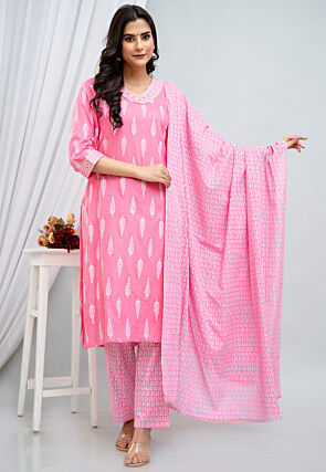 Digital Printed Rayon Pakistani Suit in Pink