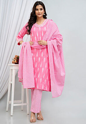 Digital Printed Rayon Pakistani Suit in Pink