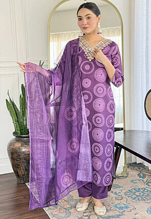 Digital Printed Rayon Pakistani Suit in Purple