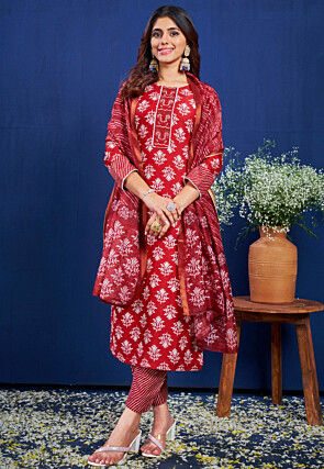 Digital Printed Rayon Pakistani Suit in Red