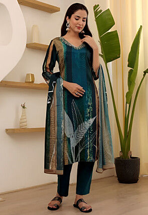Digital Printed Rayon Pakistani Suit in Teal Blue
