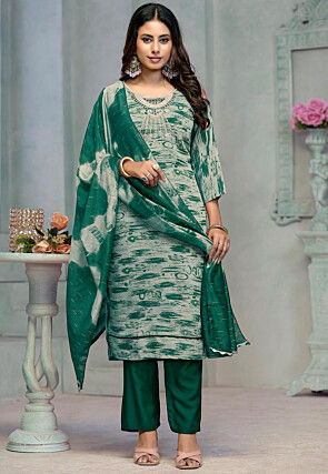 Digital Printed Rayon Pakistani Suit in Teal Green