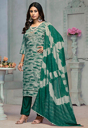Digital Printed Rayon Pakistani Suit in Teal Green