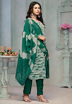 Digital Printed Rayon Pakistani Suit in Teal Green