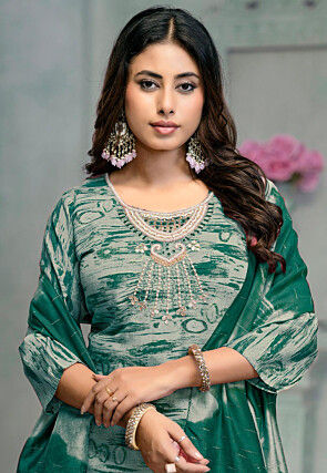 Digital Printed Rayon Pakistani Suit in Teal Green