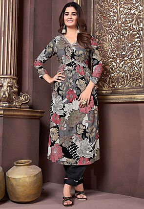 Digital Printed Rayon Punjabi Suit in Black