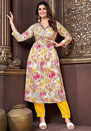 Digital Printed Rayon Punjabi Suit in Cream