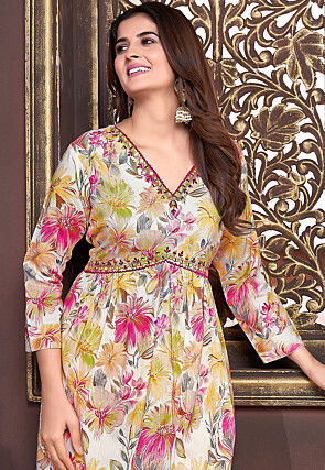 Digital Printed Rayon Punjabi Suit in Cream