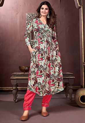 Digital Printed Rayon Punjabi Suit in Pastel Green