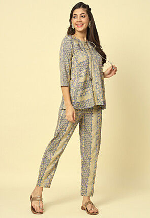 Digital Printed Rayon Slub Co Ord Set in Grey