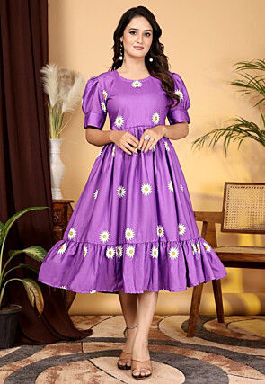 Digital Printed Rayon Slub Midi Dress in Light Purple