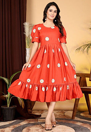 Digital Printed Rayon Slub Midi Dress in Orange