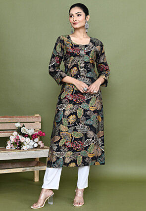 Digital Printed Rayon Straight Kurta in Black