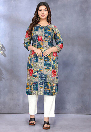 Digital Printed Rayon Straight Kurta in Blue