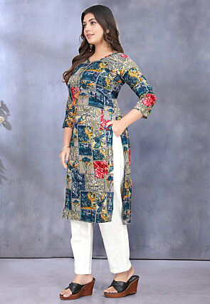 Digital Printed Rayon Straight Kurta in Blue