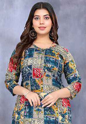 Digital Printed Rayon Straight Kurta in Blue